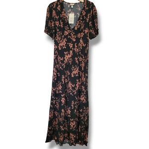 A new day women's black brown floral crepe puff short Sleeves midi dress - large